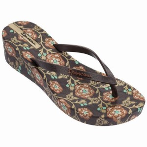 Brown Women's Ipanema Floral Plat Wedge Flip Flops | 6031745-ZN