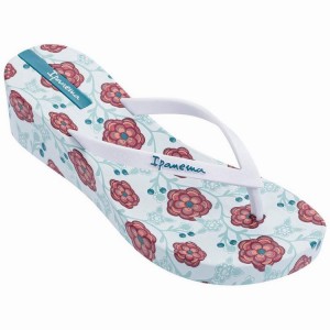 White / Green Women's Ipanema Floral Plat Wedge Flip Flops | 5038492-SA