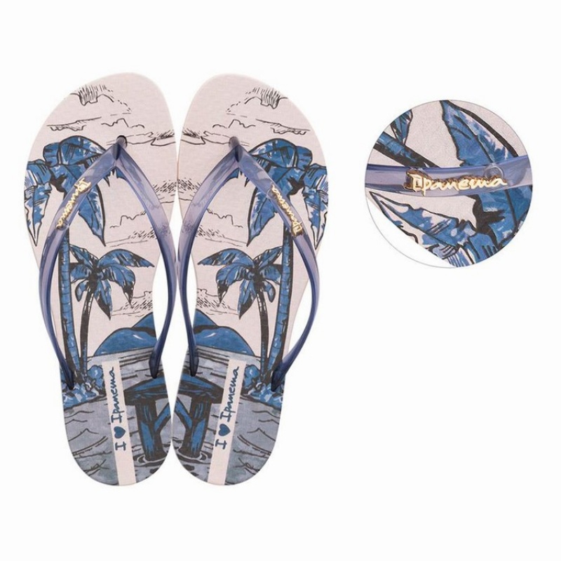 Beige / Blue Women's Ipanema Wave Natural Flip Flops | 0194357-WE