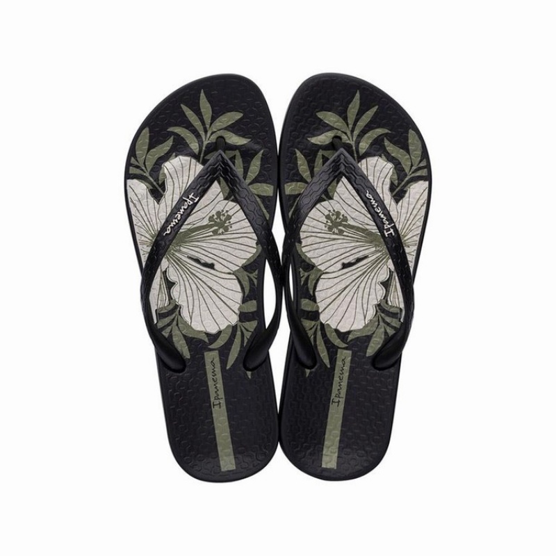 Black / Beige Women's Ipanema Ana Hibiscus Flip Flops | 8093257-UQ